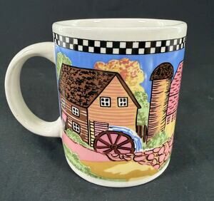 Vintage Gibson Housewares Cottage Scene Mug Farmhouse Water Mill Village 90s